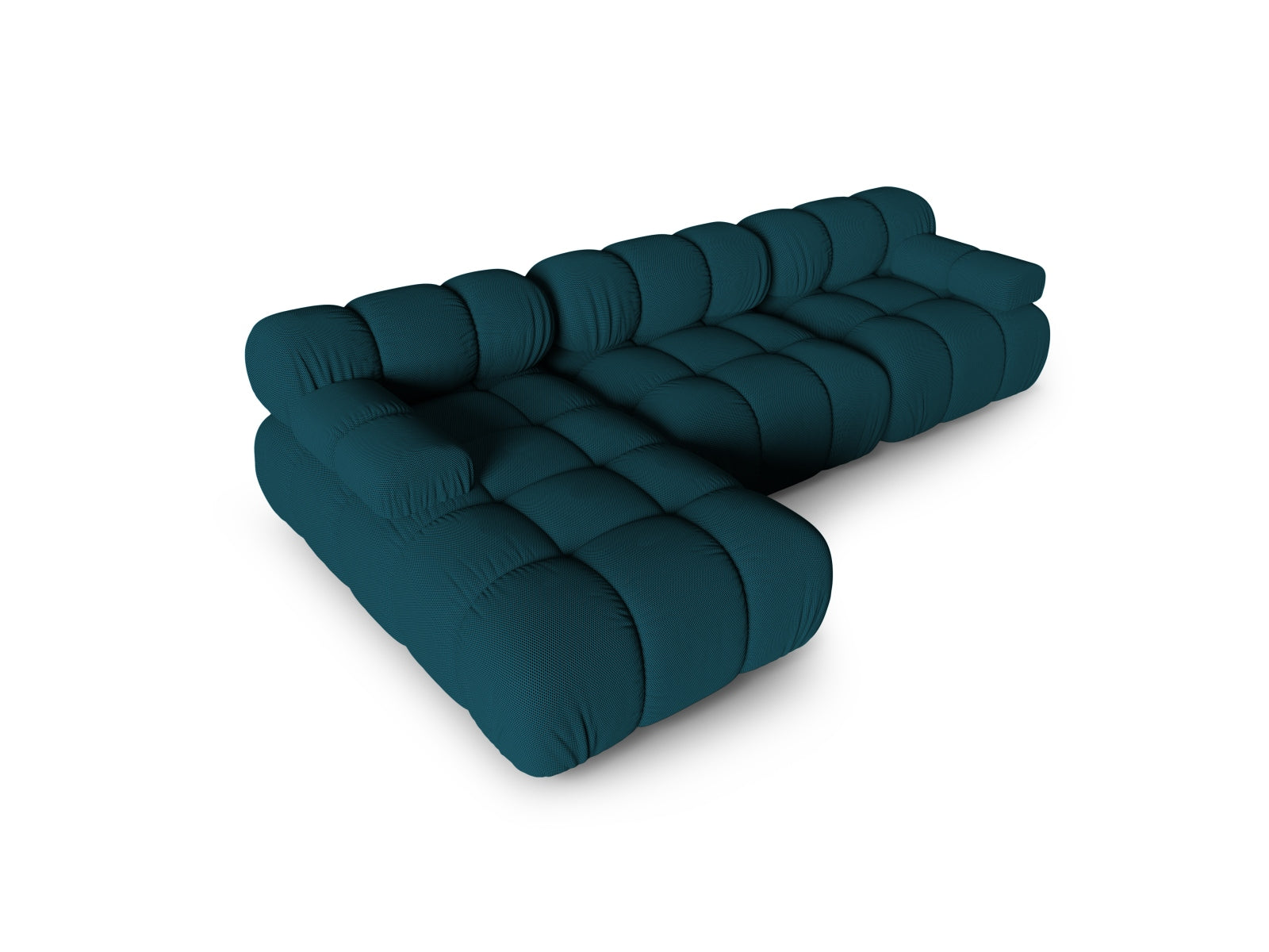 Elegantes modulares Ecksofa Bellis links, 4-Sitzer in tiefem Blau, perfekt für stilvolle Wohnzimmer, erhältlich bei Micadoni.