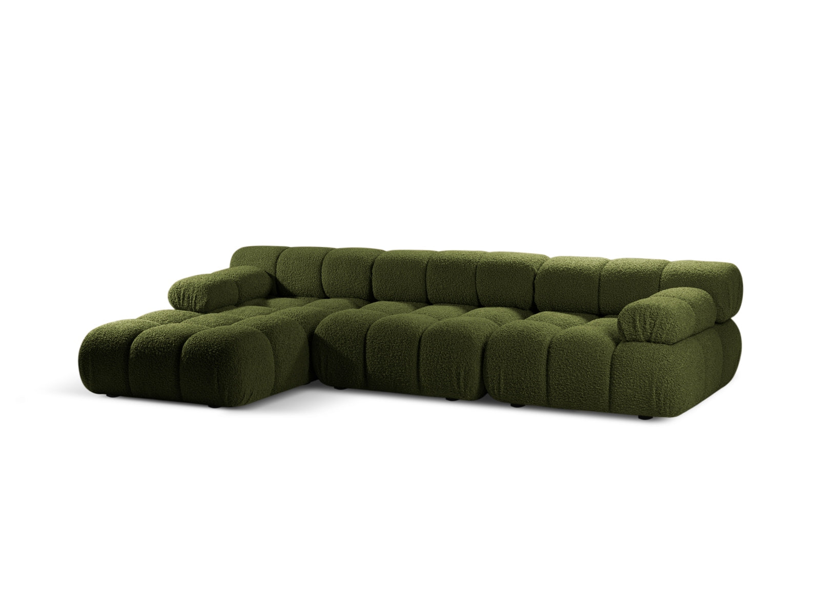 Elegantes Bellis Boucle Ecksofa links, 4-Sitzer in stilvollem Grün, ideal für moderne Wohnräume, präsentiert von Micadoni.