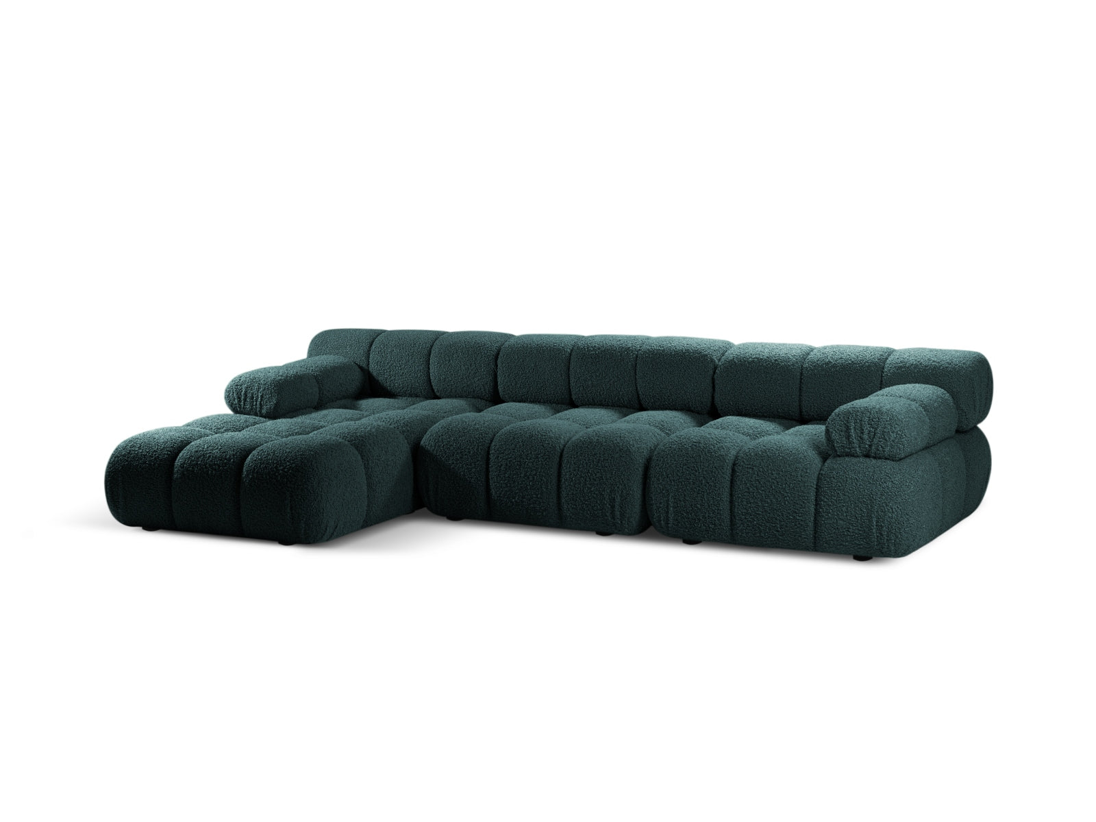 Elegantes Bellis Boucle Ecksofa links, 4-Sitzer in stilvollem Petrol, ideal für moderne Wohnräume, erhältlich bei KAQTU Design AG.