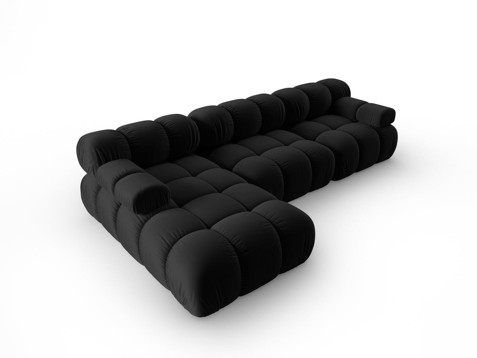 Elegantes Bellis Velour Ecksofa in Schwarz-Bluvel, 4-Sitzer, linksseitig, ideal für stilvolle Wohnräume und entspannte Stunden.
