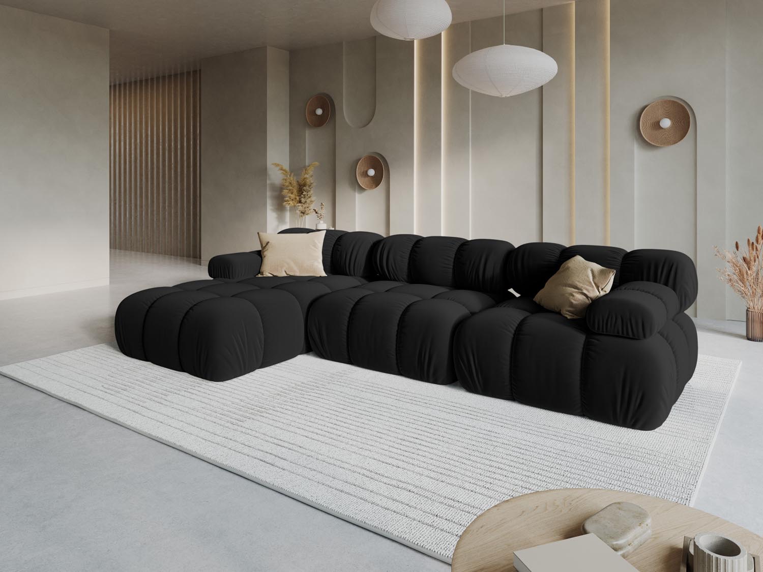 Elegantes Bellis Velour Ecksofa in Schwarz-Bluvel, 4-Sitzer, linksseitig, ideal für stilvolle Wohnräume, präsentiert von KAQTU Design AG.