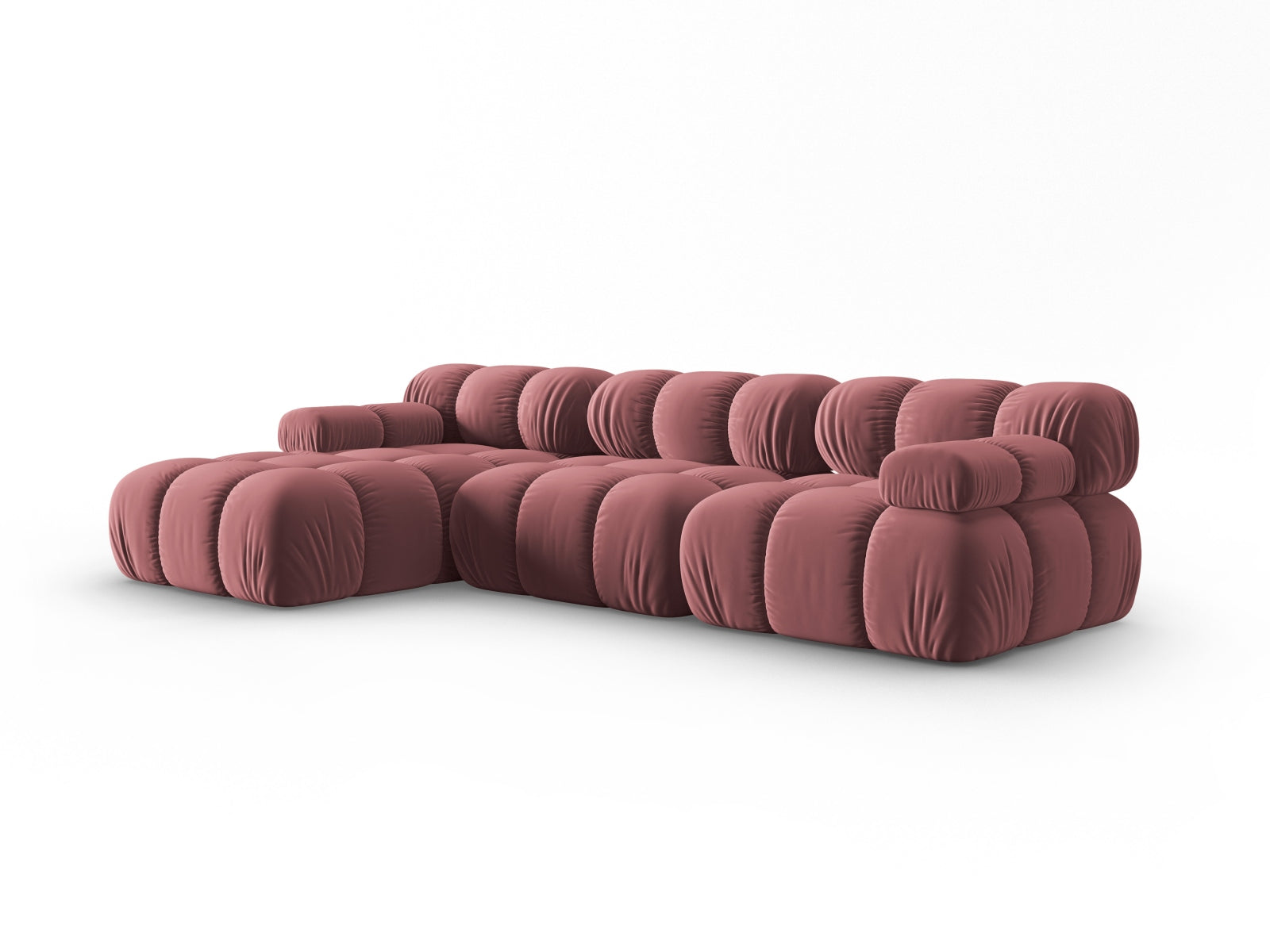 Elegantes Bellis Velour Ecksofa in Pink-Bluvel, 4-Sitzer mit moduler Bauweise, perfekt für kreative Raumgestaltungen.