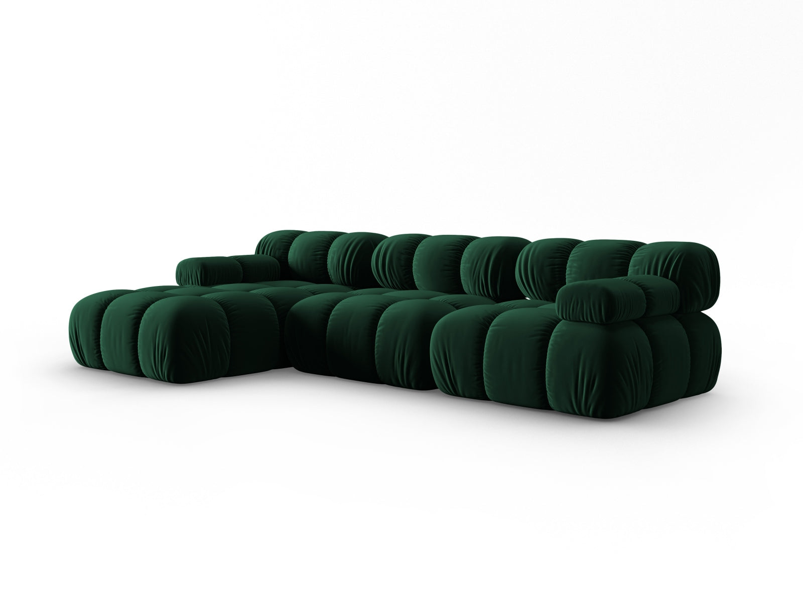 Modulares Bellis Velour Ecksofa in edlem Bottle Green, 4-Sitzer, linksseitig, perfekt für gemütliche und moderne Wohnkonzepte.