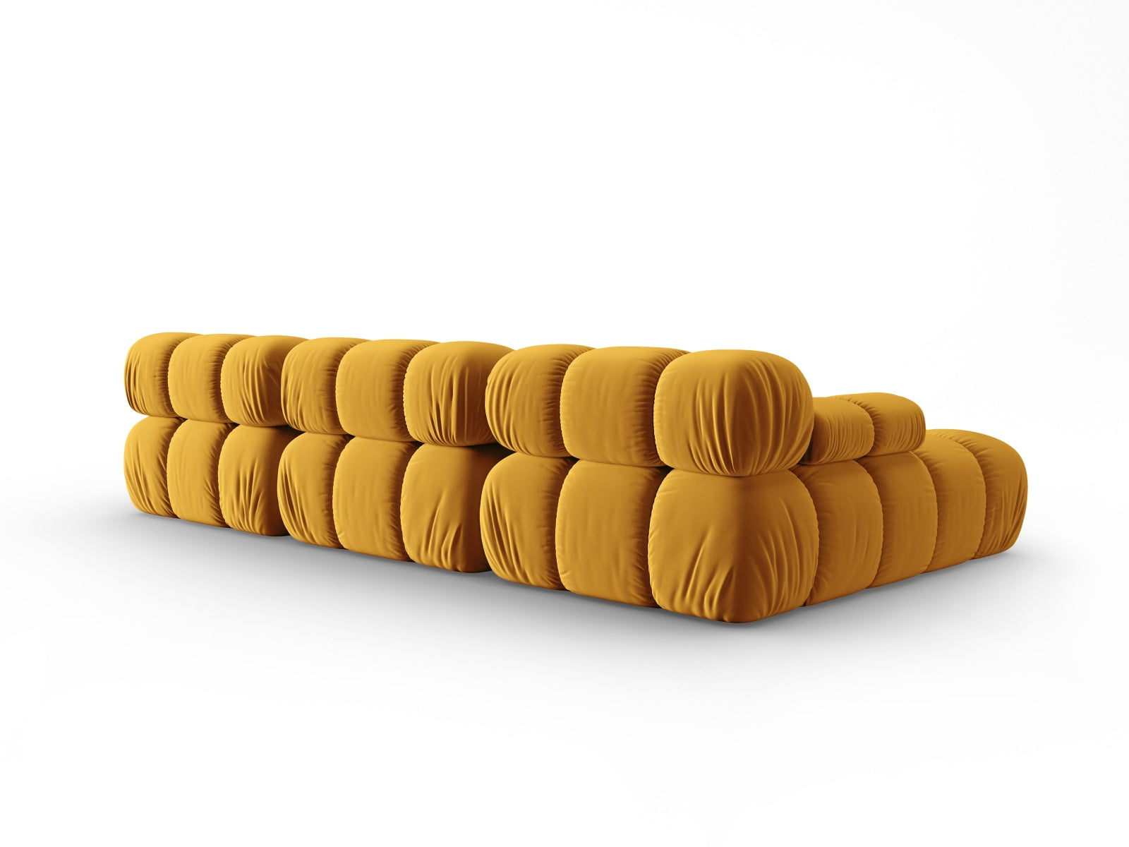 Stylisches Bellis Velour Ecksofa in Gelb-Blau, 4-Sitzer, linksseitig, perfekt für entspannte Stunden und zeitgemäße Einrichtung.