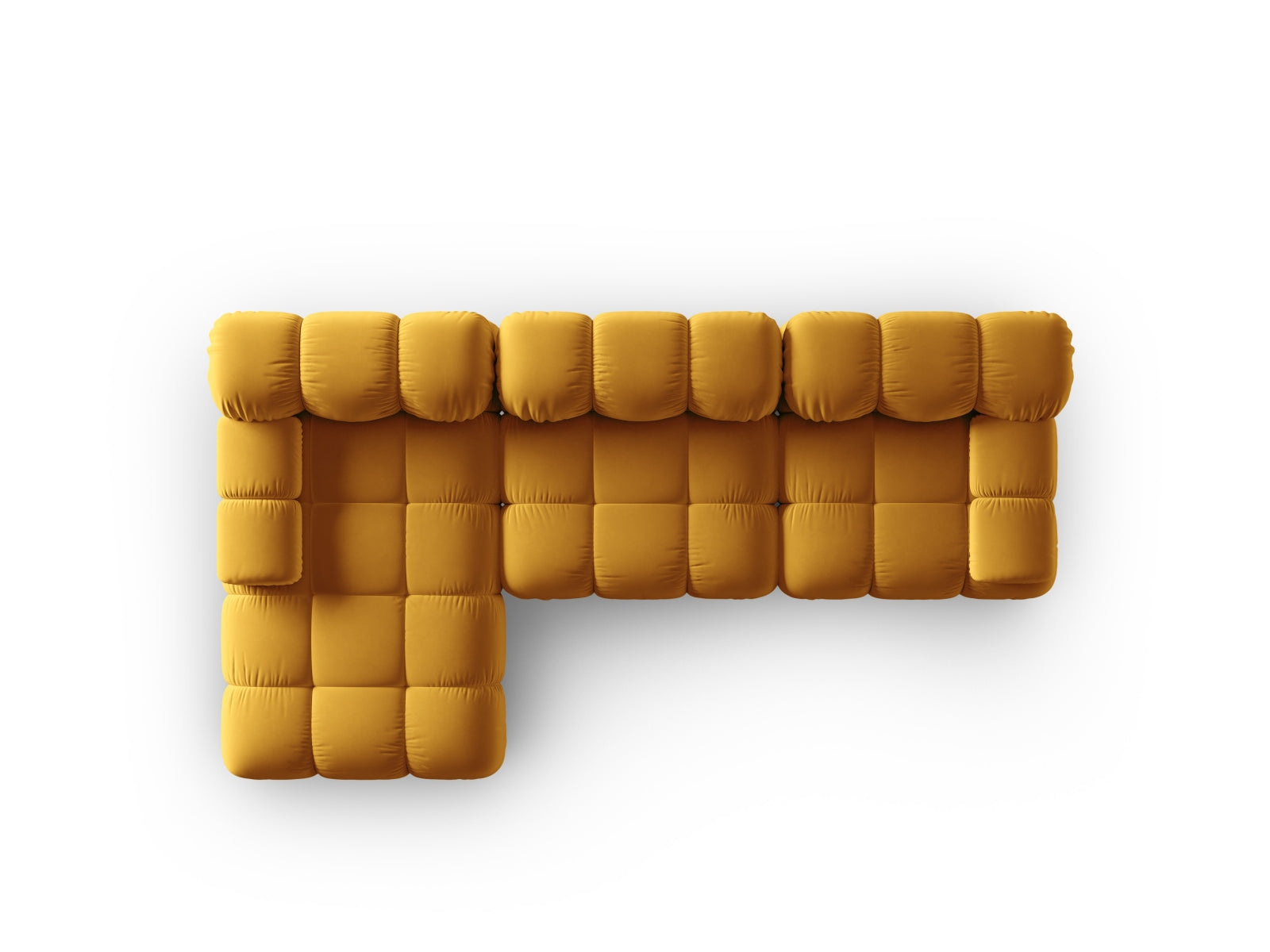 Elegantes Bellis Velour Ecksofa in Gelb-Blau, 4-Sitzer, linksseitig, ideal für modernes Wohnen und gemütliche Abende.