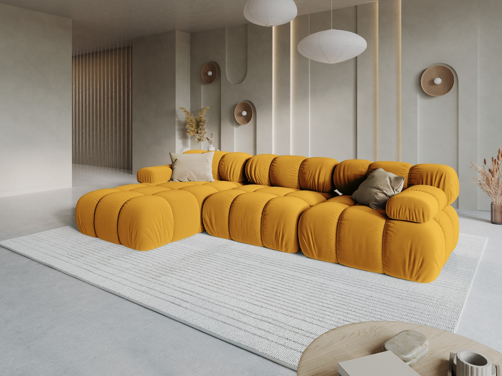 Entdecken Sie das stilvolle Bellis Velour Ecksofa links von Micadoni – ein 4-Sitzer mit 155 cm, ideal für Komfort und Eleganz in Ihrem Wohnzimmer.