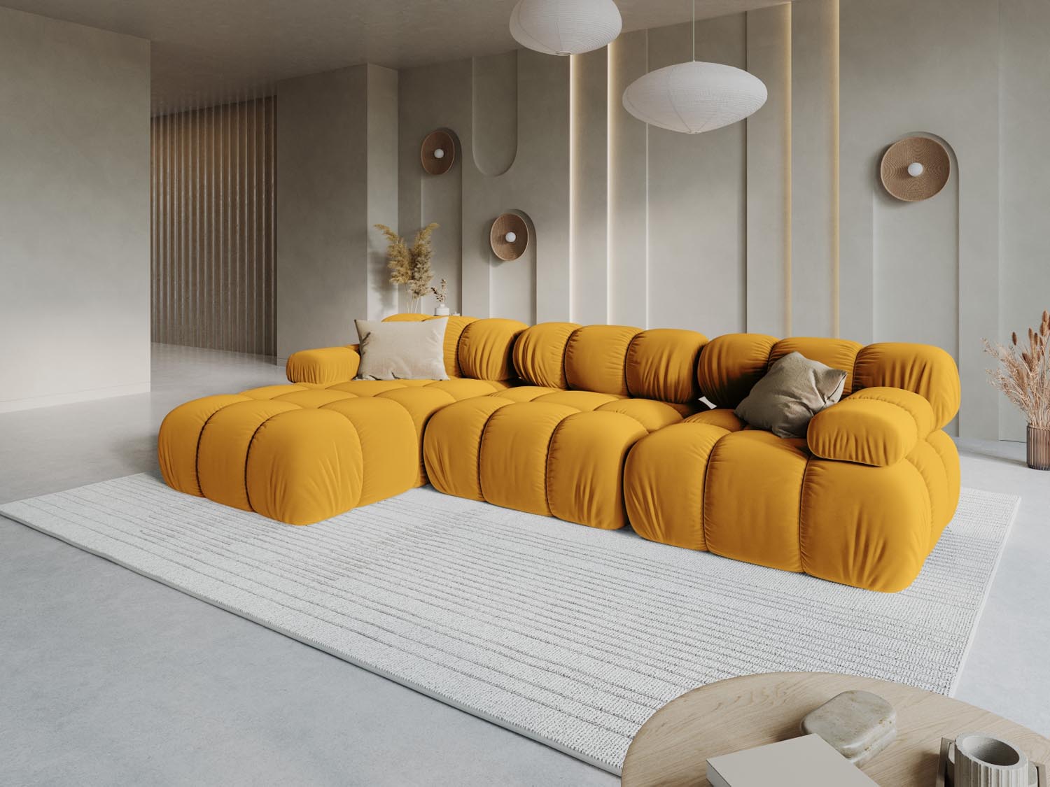 Gemütliches Bellis Velour Ecksofa in Gelb-Blau, ideal für moderne Wohnräume, präsentiert in stilvollem Ambiente.