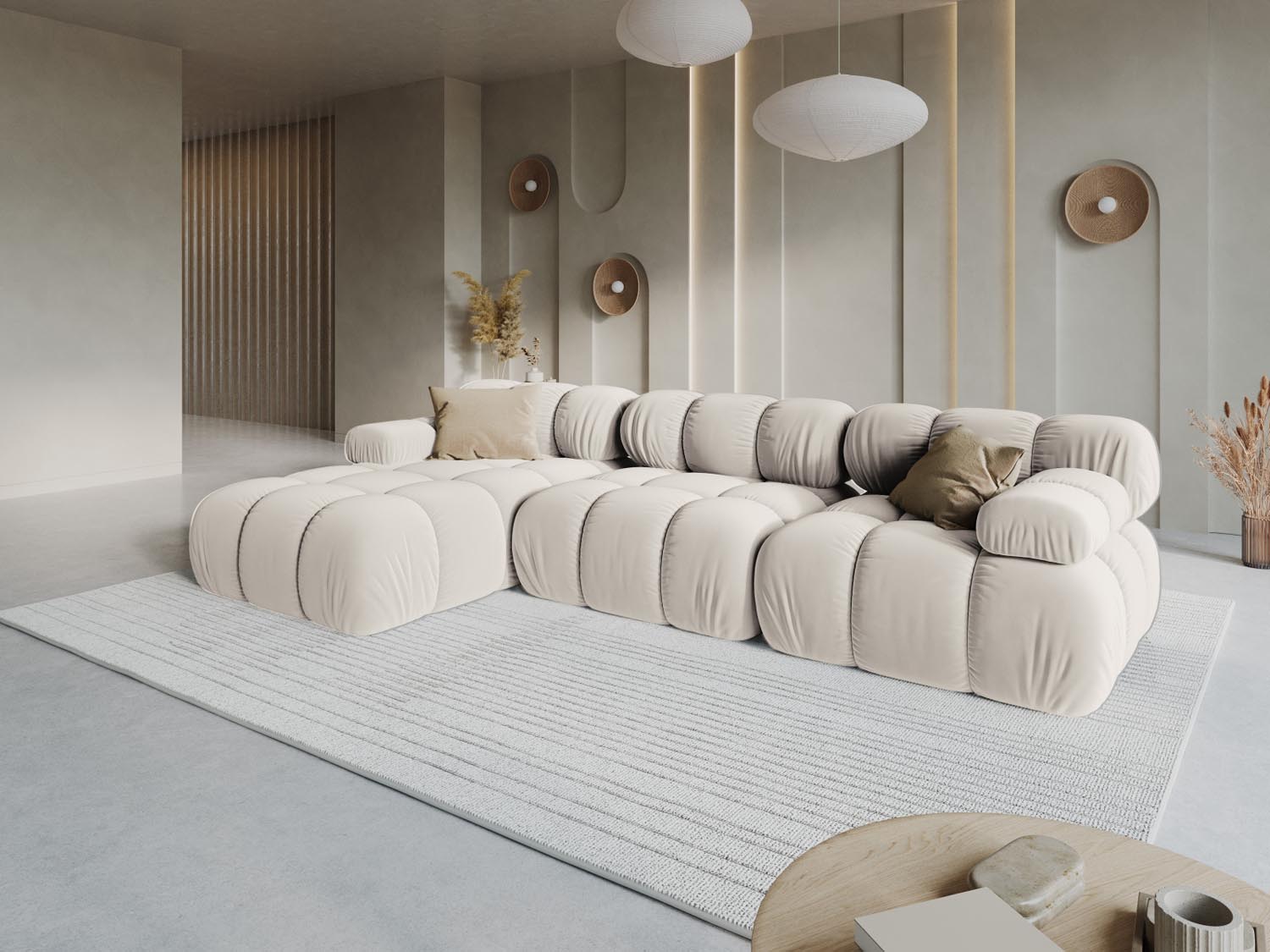 Elegantes Bellis Velour Ecksofa in Dunkelbeige, ideal für stilvolle Wohnräume. Modulares Design, 4-Sitzer, linksseitig, von Micadoni.