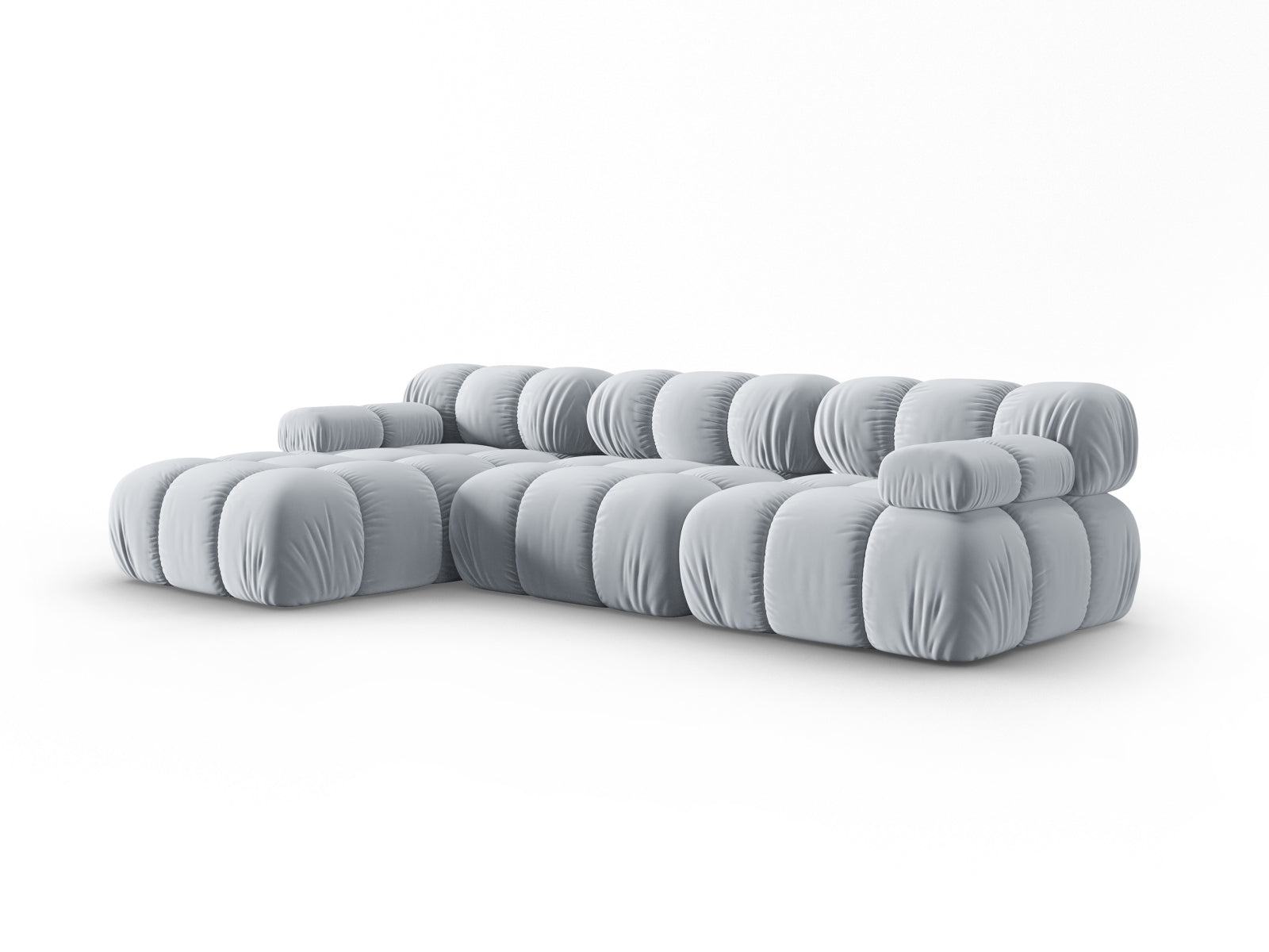 Modulares Bellis Velour Ecksofa in zartem Hellblau, 4-Sitzer, linksseitig, perfekt für moderne Wohnkonzepte und entspannte Stunden.