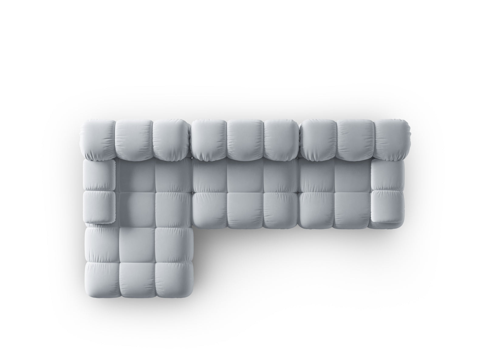 Elegantes Bellis Velour Ecksofa in sanftem Hellblau, 4-Sitzer, linksseitig, ideal für stilvolle Wohnräume und gemütliche Abende.
