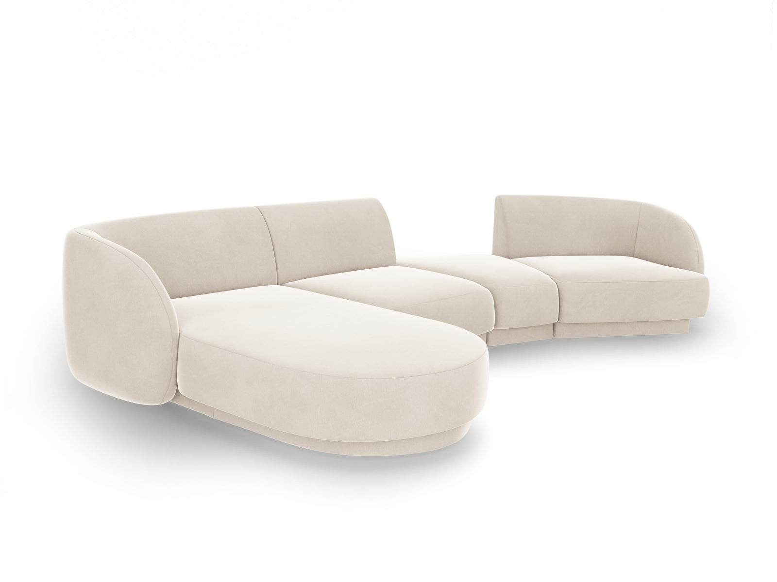 Erleben Sie das Miley Velour Sofa links 4 Sitzer von Micadoni – ein luxuriöses, modulares Möbelstück, das Komfort und Stil vereint.