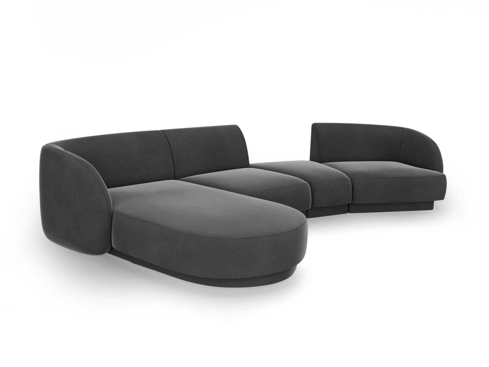 Erleben Sie das Miley Velour Sofa links 4 Sitzer von Micadoni – ein elegantes, modulares Möbelstück, das Stil und Komfort vereint.