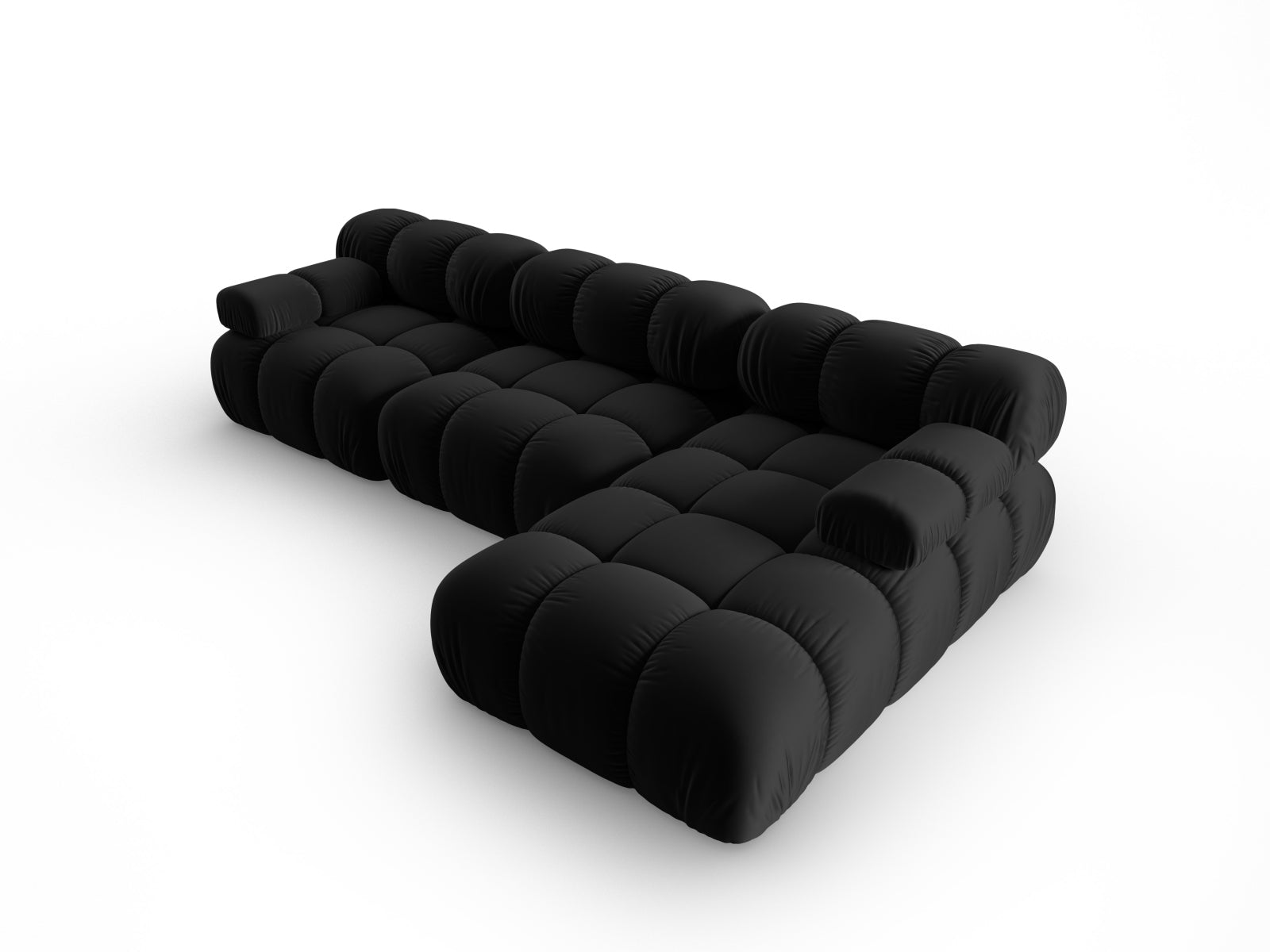 Elegantes Bellis Velours Ecksofa in Schwarz-Bluvel, 4-Sitzer, rechte Variante, ideal für stilvolle Wohnräume und gemütliche Abende.