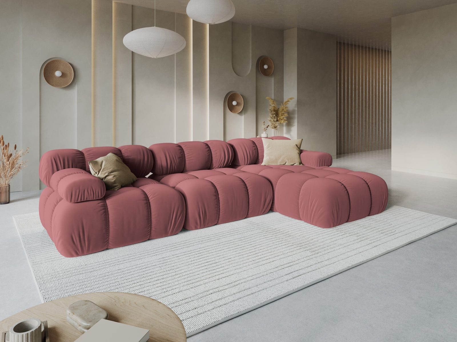 Entdecken Sie das elegante Bellis Velour Ecksofa rechts von Micadoni – ein 4-Sitzer mit 155 cm Breite, ideal für stilvolle Wohnräume.
