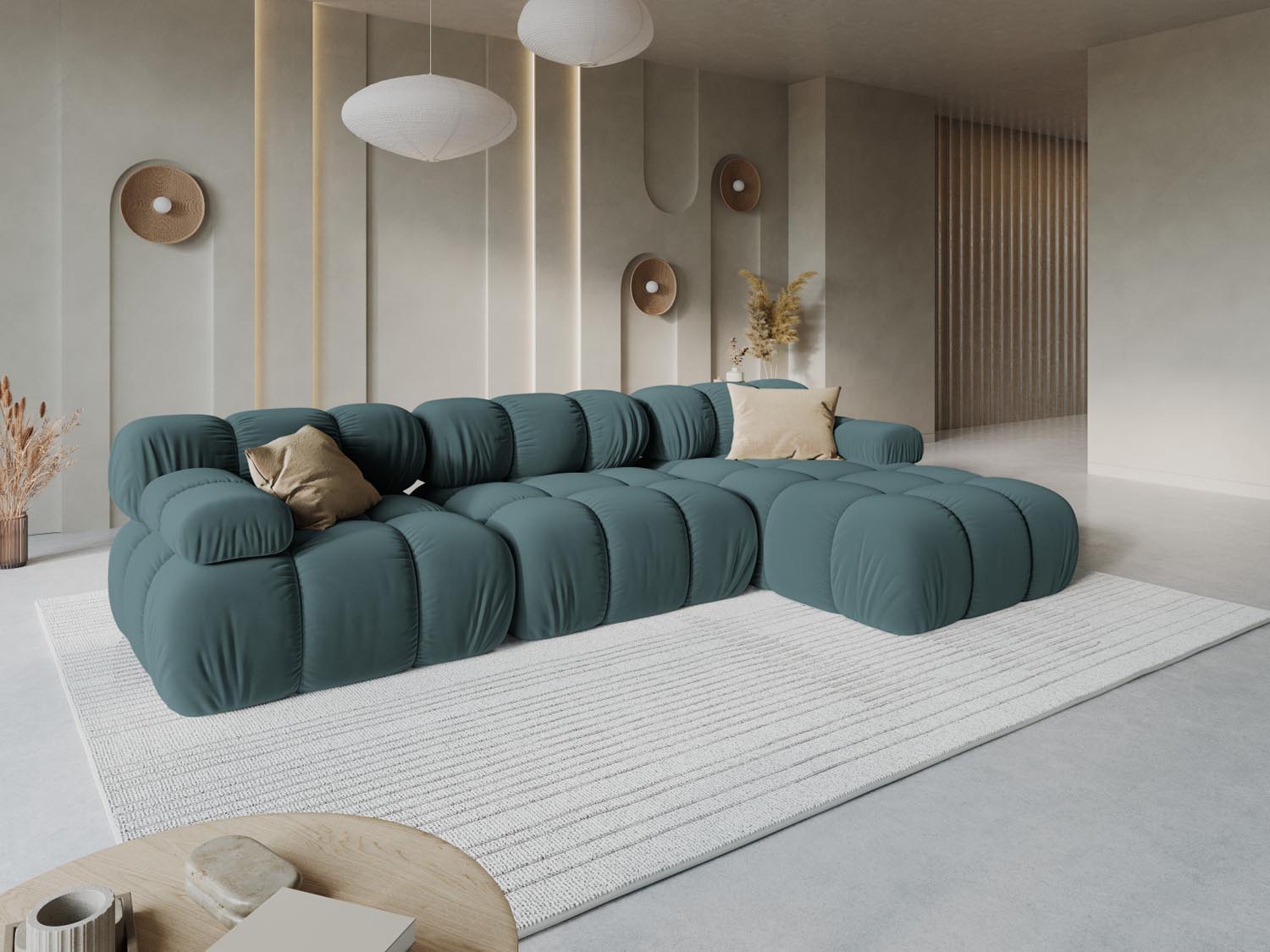 Elegantes Bellis Velour Ecksofa in Türkis, 4-Sitzer, modulare Bauweise, ideal für stilvolle Wohnräume, präsentiert von KAQTU Design AG.