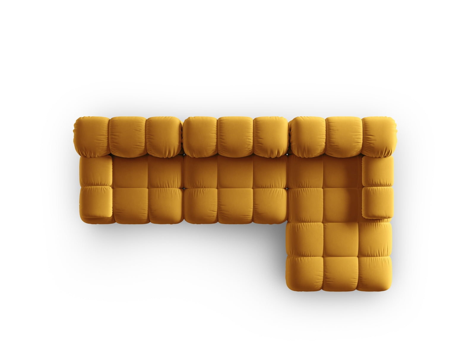 Elegantes Bellis Velour Ecksofa in Gelb-Blau, 4-Sitzer, ideal für stilvolle Wohnzimmer und gesellige Abende.