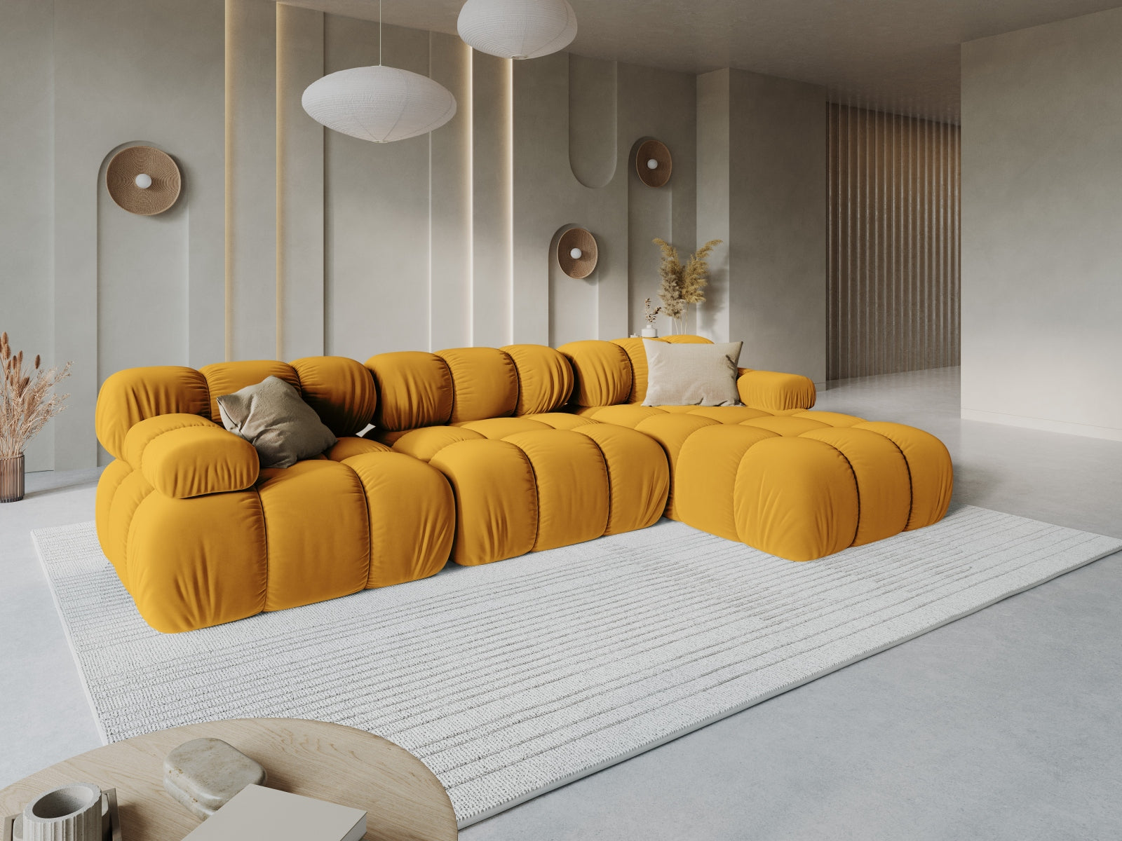 Entdecken Sie das elegante Bellis Velour Ecksofa rechts von Micadoni – ein 4-Sitzer mit 155 cm Breite, ideal für stilvolle Wohnräume.