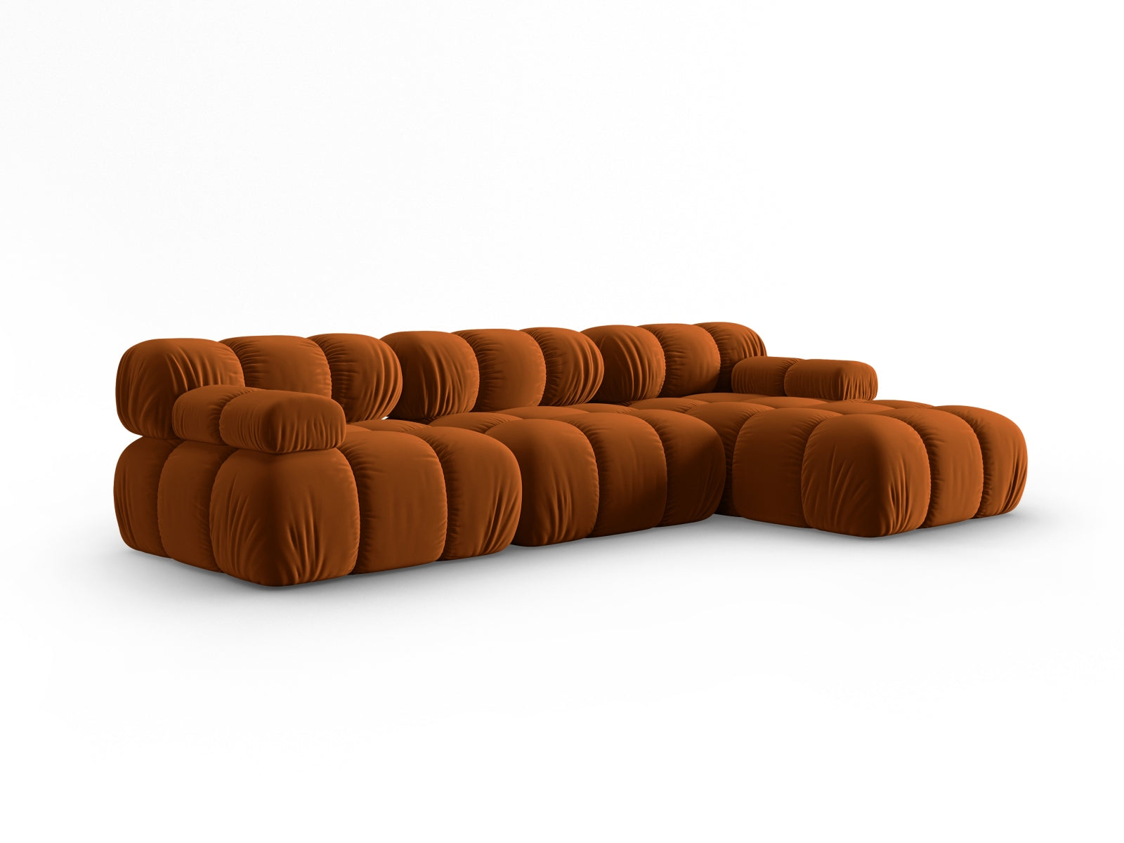 Modulares Ecksofa Bellis in warmem Terracotta, 4-Sitzer, rechtsseitig, perfekt für moderne Wohnkonzepte und gemütliche Abende.