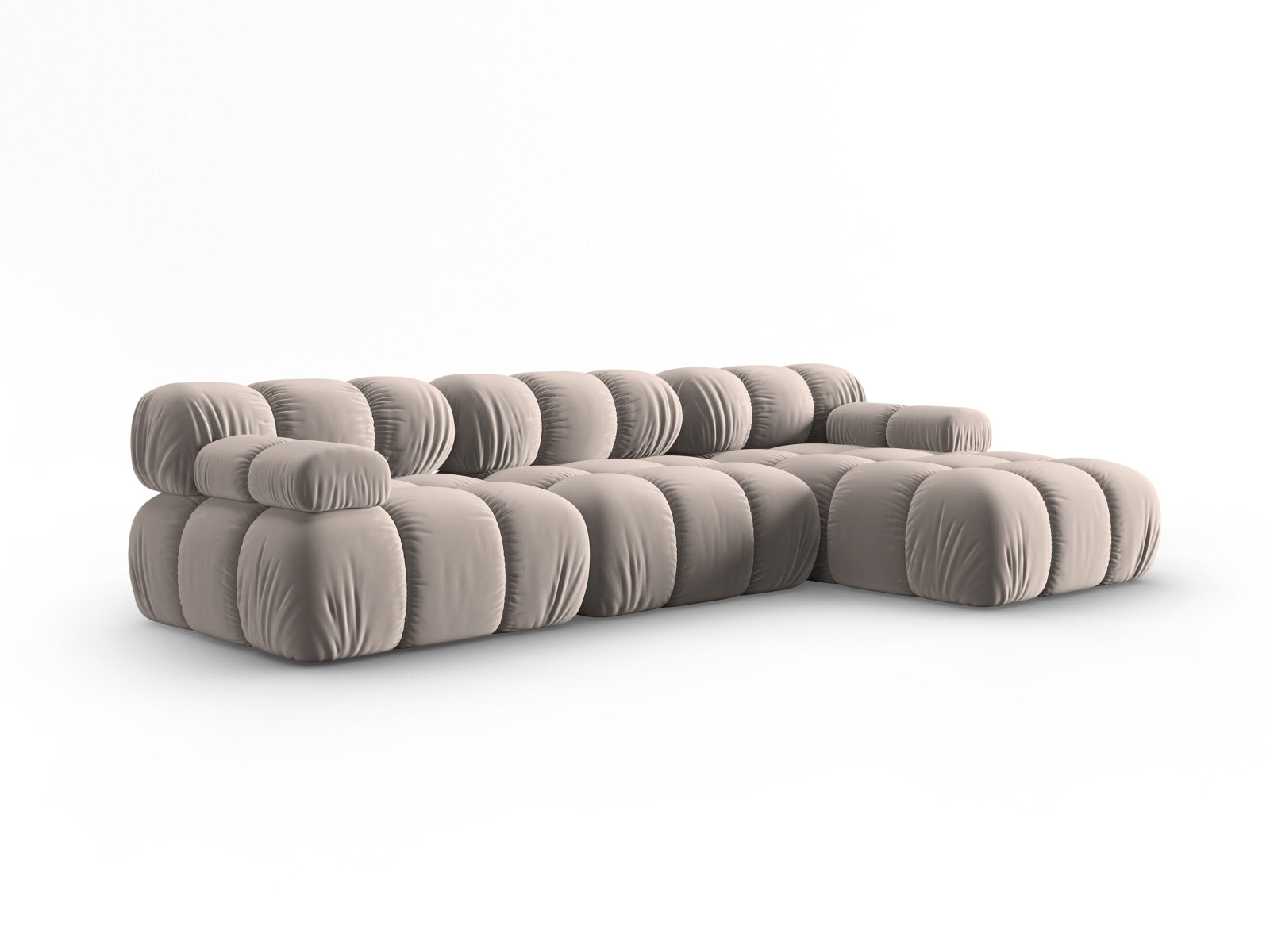 Modernes Bellis Velour Ecksofa in sanftem Cappuccino, 4-Sitzer, rechtsseitig, perfekt für gemütliche und stilvolle Wohnlandschaften.