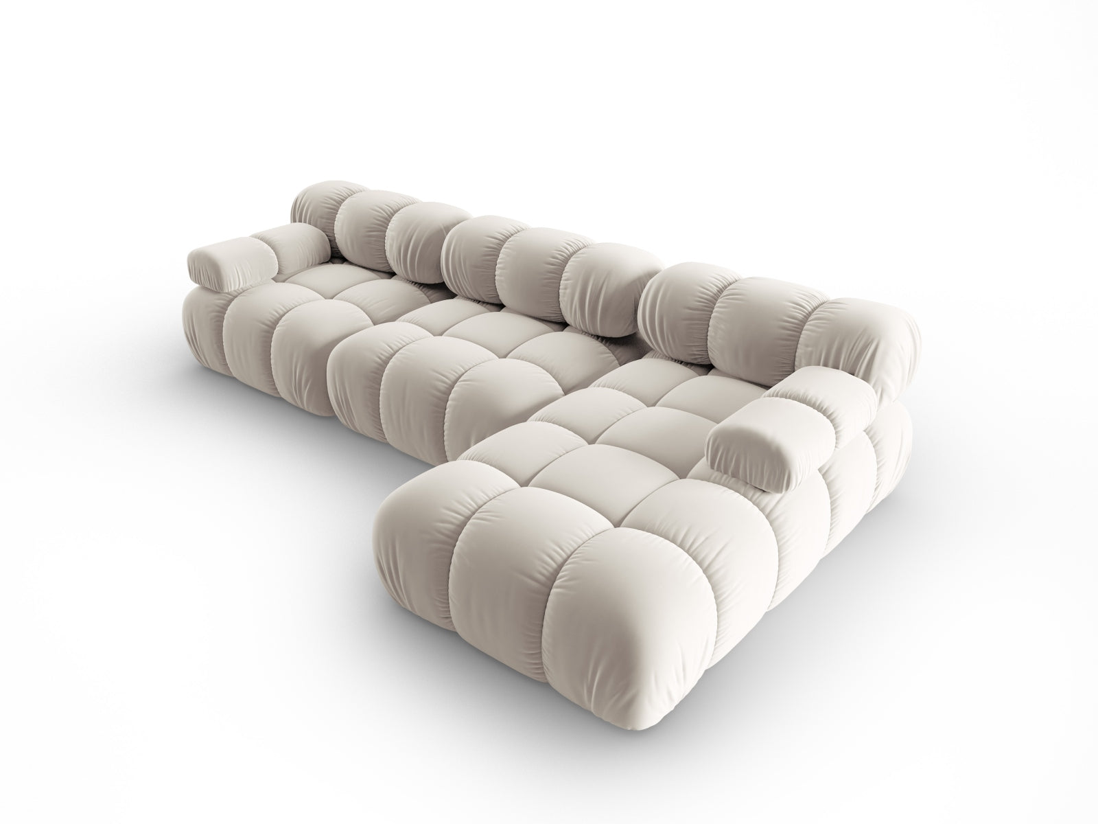 Elegantes Bellis Velour Ecksofa in hellem Beige, 4-Sitzer mit rechter Armlehne, ideal für stilvolle und einladende Wohnräume.