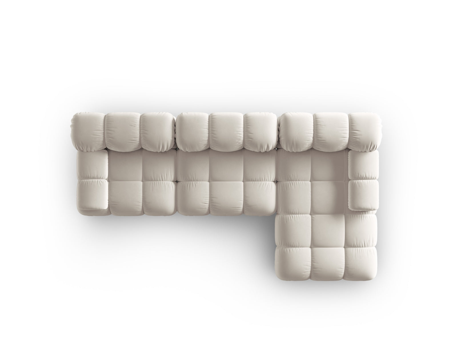 Elegantes Bellis Velour Ecksofa in hellem Beige, 4-Sitzer mit rechter Armlehne, ideal für stilvolle und einladende Wohnräume.