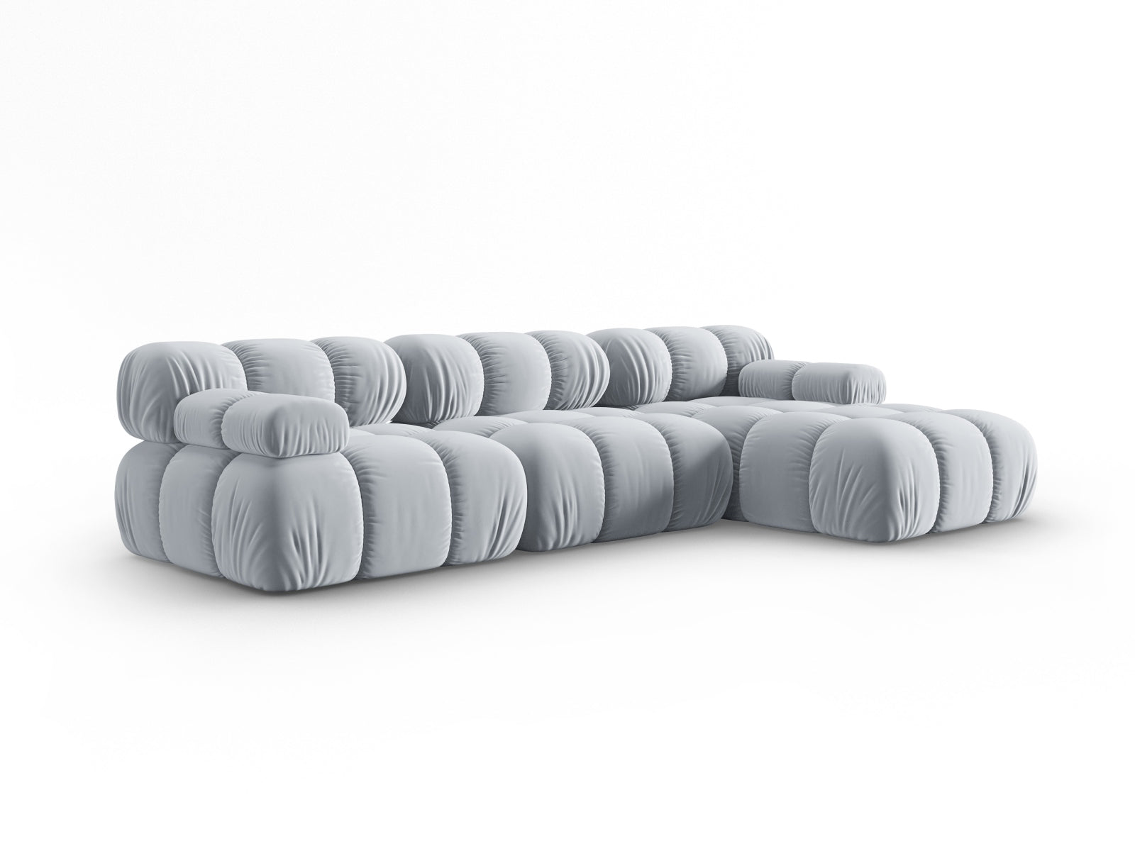 Modulares Ecksofa Bellis Velour in zartem Hellblau, 4-Sitzer, rechts, perfekt für moderne Wohnkonzepte und flexible Raumgestaltung.