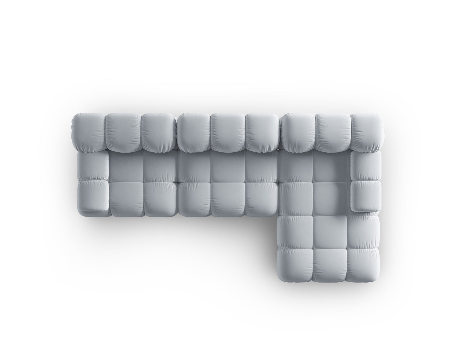 Elegantes Bellis Velour Ecksofa in sanftem Hellblau, 4-Sitzer, rechtsseitig, ideal für stilvolle und anpassbare Wohnräume.