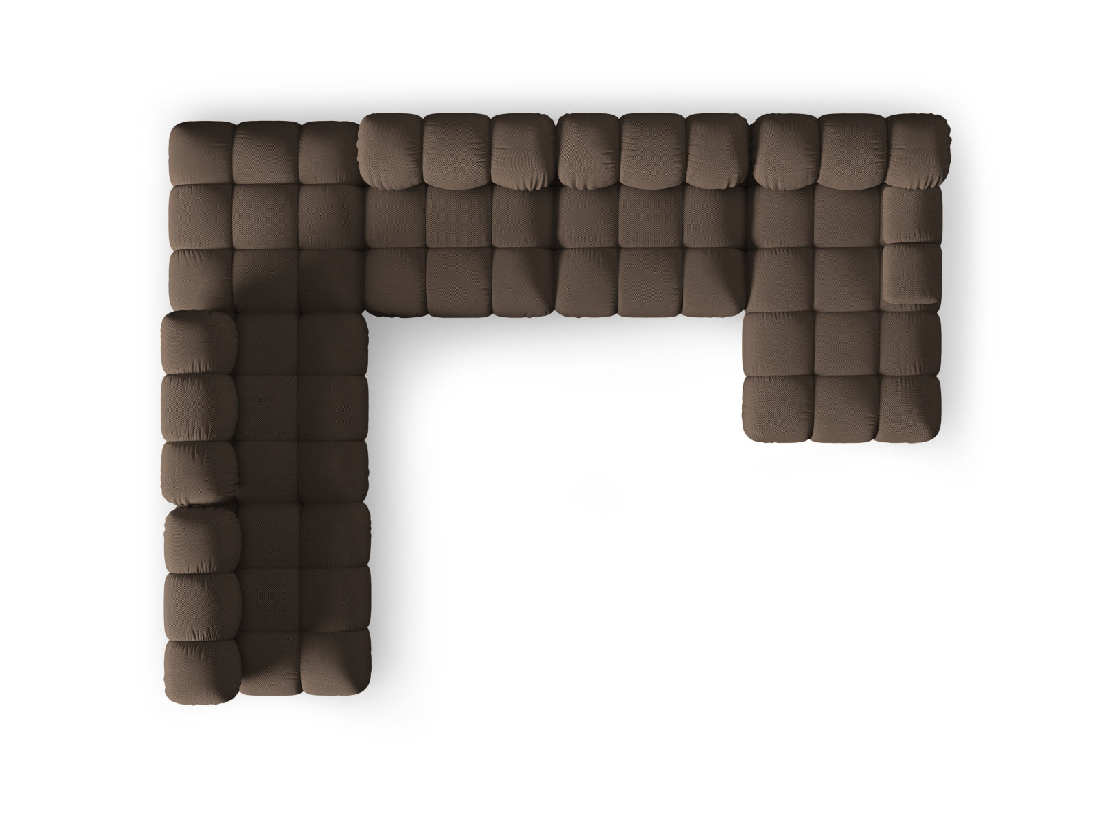 Elegantes, modulares 7-Sitzer Ecksofa Bellis links in warmem Braun, perfekt für großzügige Wohnräume und modernen Komfort.