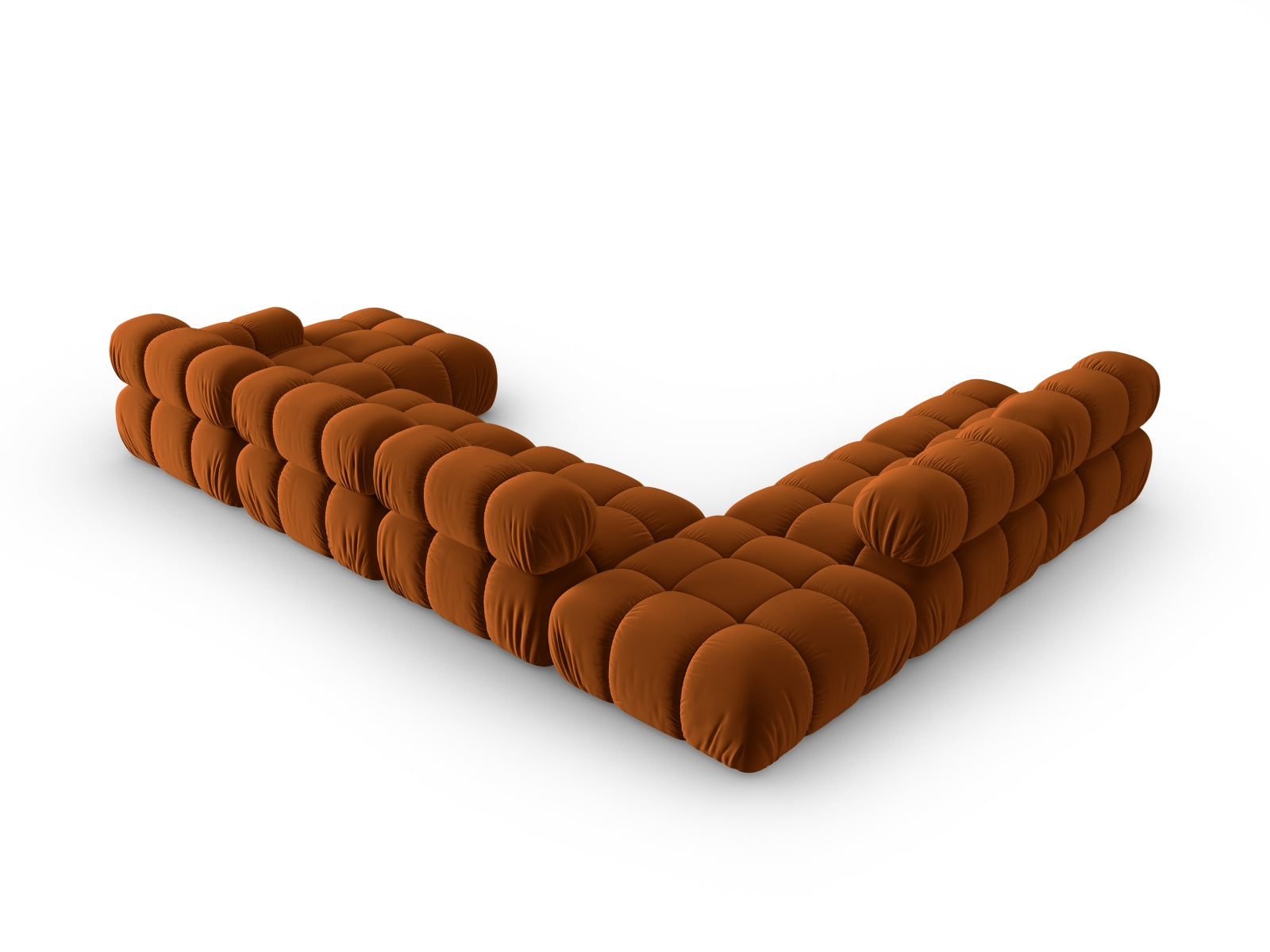 Elegantes, modulares Ecksofa Bellis Velour in Terracotta, 7 Sitzer, perfekt für stilvolle Wohnräume und entspannte Abende.