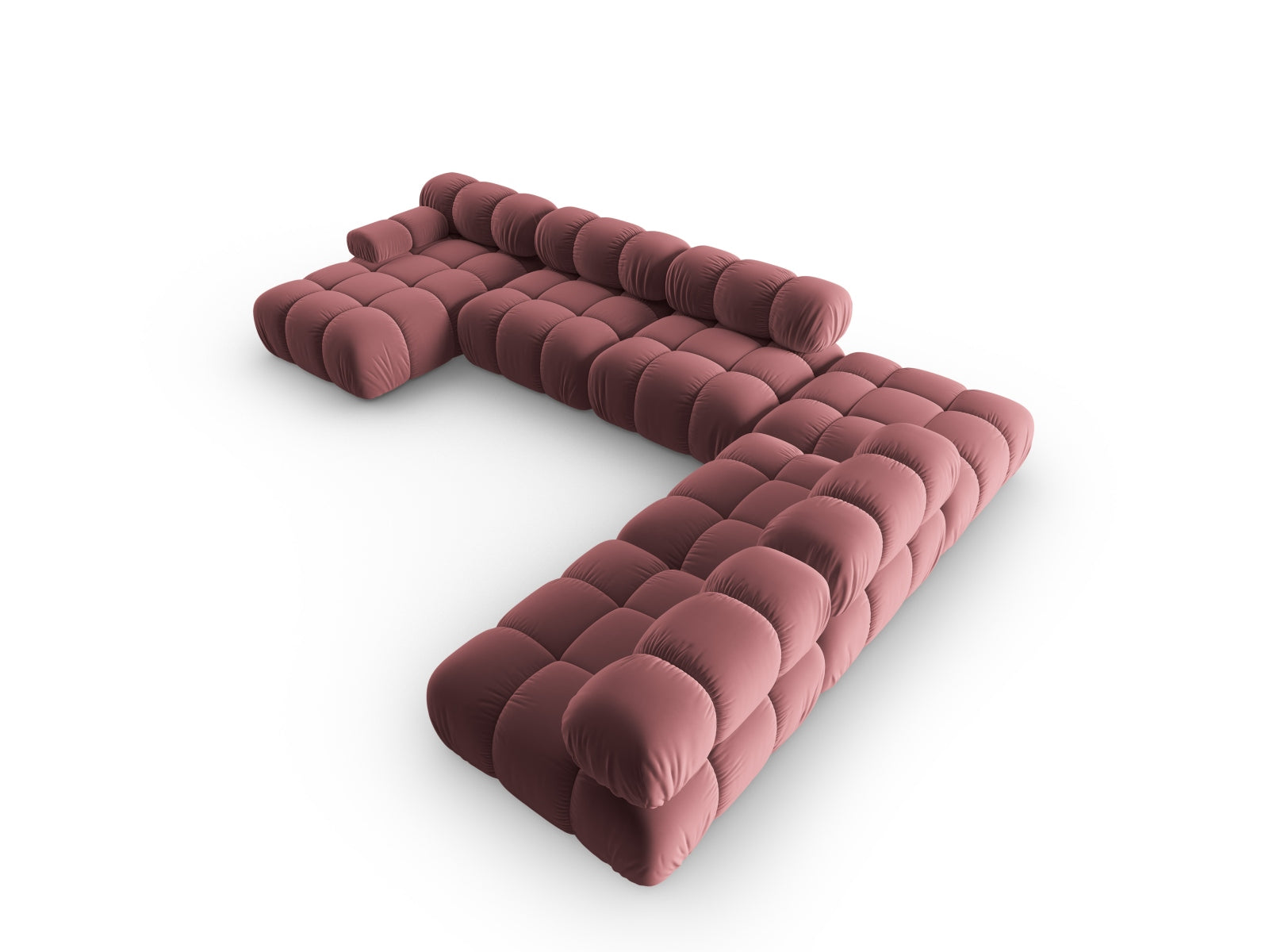 Modulares Bellis Velour Ecksofa in sanften Pinktönen, 7-Sitzer, 282 cm, ideal für stilvolle Wohnräume und entspannte Zusammenkünfte.