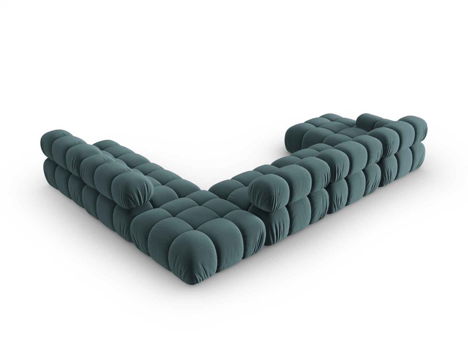 Modulares Ecksofa Bellis in Türkis, 7-Sitzer mit Veloursbezug, perfekt für gemütliche Zusammenkünfte und modernes Wohndesign.