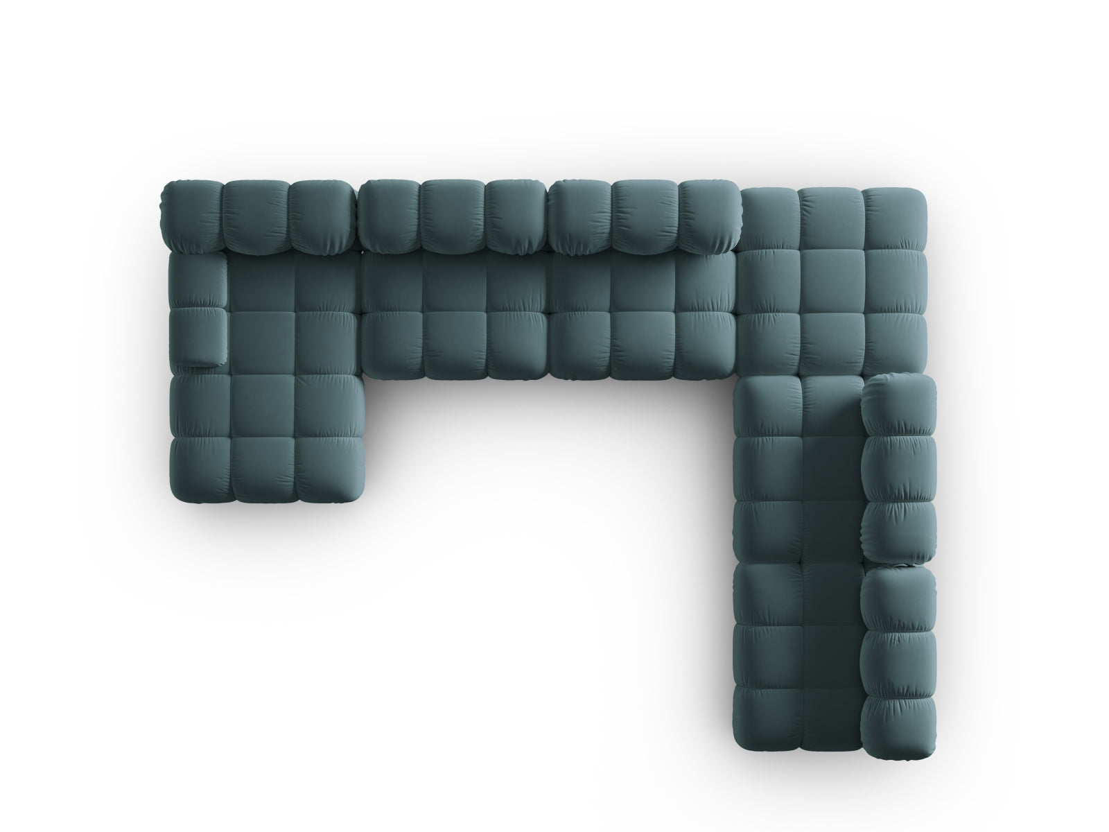 Elegantes, modulares Ecksofa Bellis in sanftem Türkis, 7-Sitzer mit hochwertigem Velours, ideal für stilvolle Wohnräume und gesellige Abende.