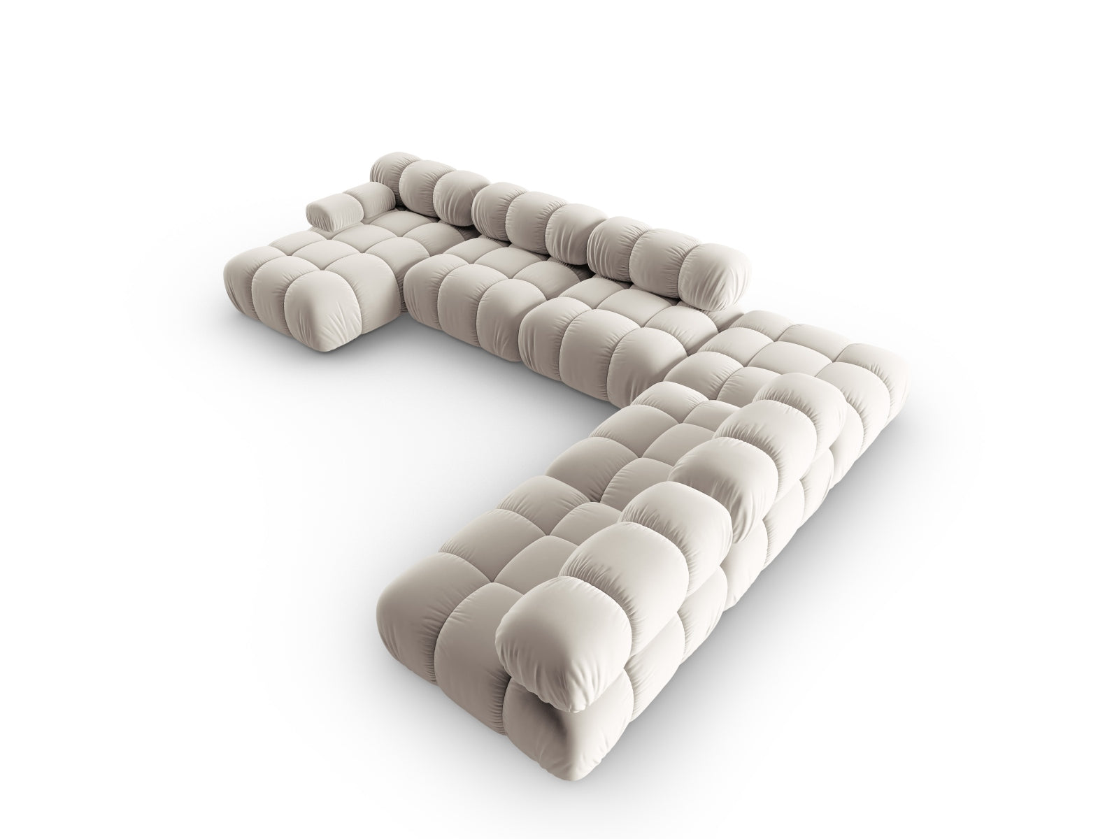 Elegantes Bellis Velour Ecksofa in hellem Beige, 7-Sitzer, 282 cm, ideal für stilvolle und einladende Wohnräume.