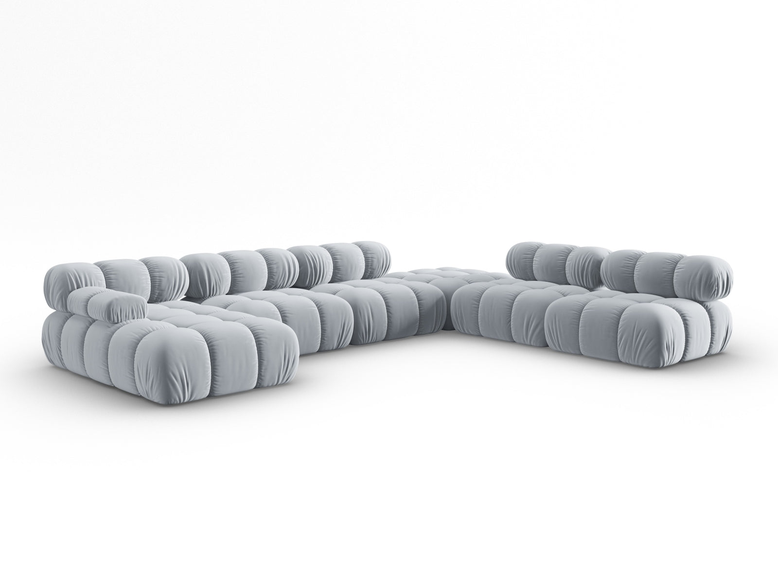 Modulares Bellis Velour Ecksofa in sanftem Hellblau, 7-Sitzer, perfekt für großzügige Wohnlandschaften und gemütliche Zusammenkünfte.
