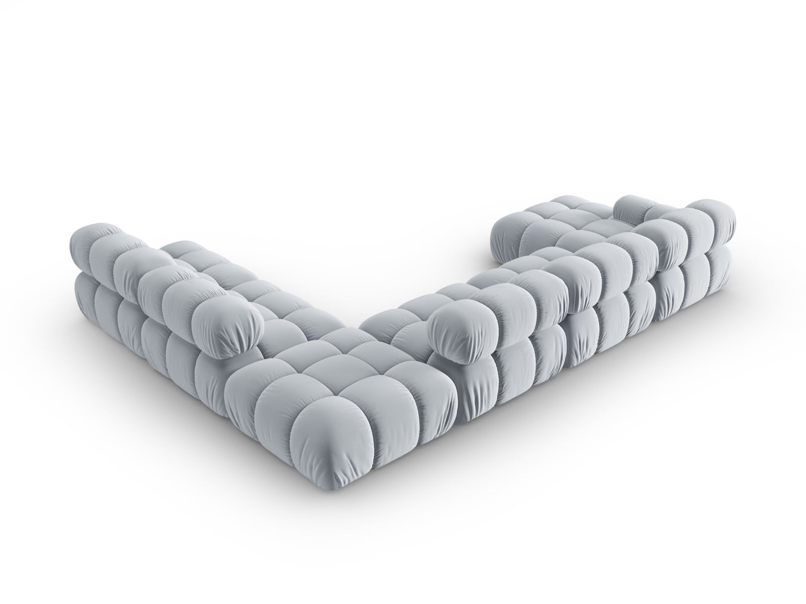 Modulares Bellis Velour Ecksofa in sanftem Hellblau, 7-Sitzer, perfekt für gemütliche Zusammenkünfte und modernes Wohndesign.