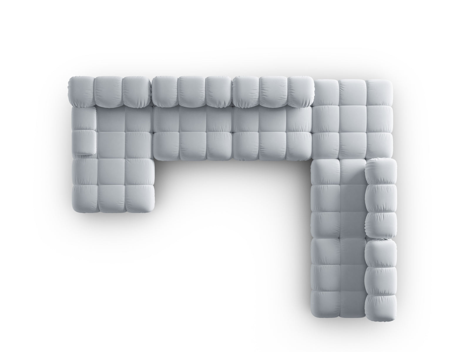 Elegantes, modulares Ecksofa Bellis in zartem Hellblau, 7-Sitzer, ideal für stilvolle Wohnräume und gesellige Abende.