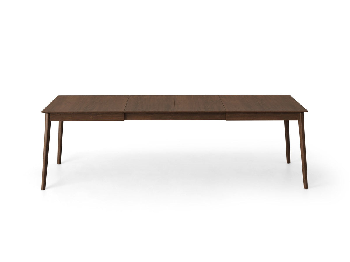 Foto eines ausziehbaren Esstischs aus natürlichem Eichenfurnier mit Holzbeinen, rechteckiger Form und Massen von 160x90x76 Zentimetern.
