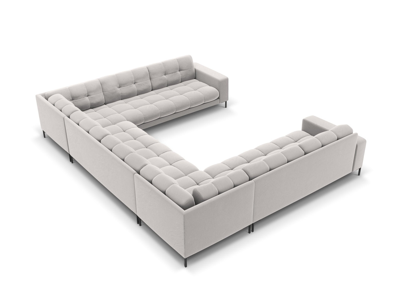 Luxuriöses Mamaia Velour Panoramic Sofa für 9 Personen in edlem Silber und Schwarz-Bluvel, perfekt für stilvolle Wohnzimmer.