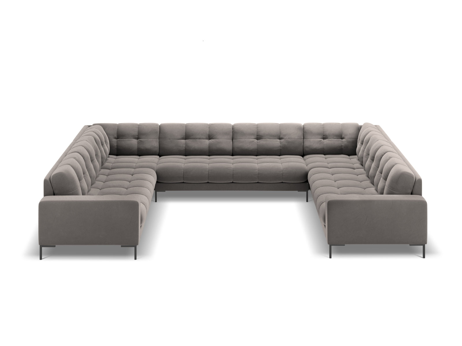 Elegantes Mamaia Velour Panoramic Sofa für 9 Personen in sanften Grautönen, ideal für stilvolle Wohnräume und gesellige Abende.