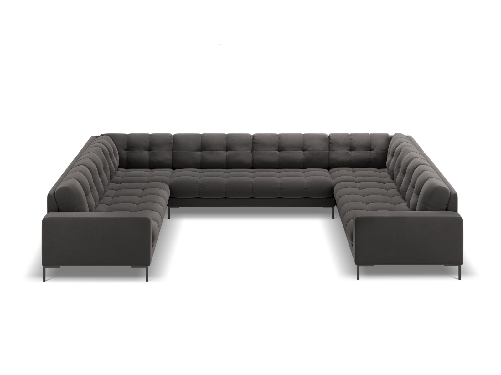 Elegantes Mamaia Velour Panoramic Sofa für 9 Personen in stilvollem Dunkelgrau, ideal für moderne Wohnräume und gesellige Abende.