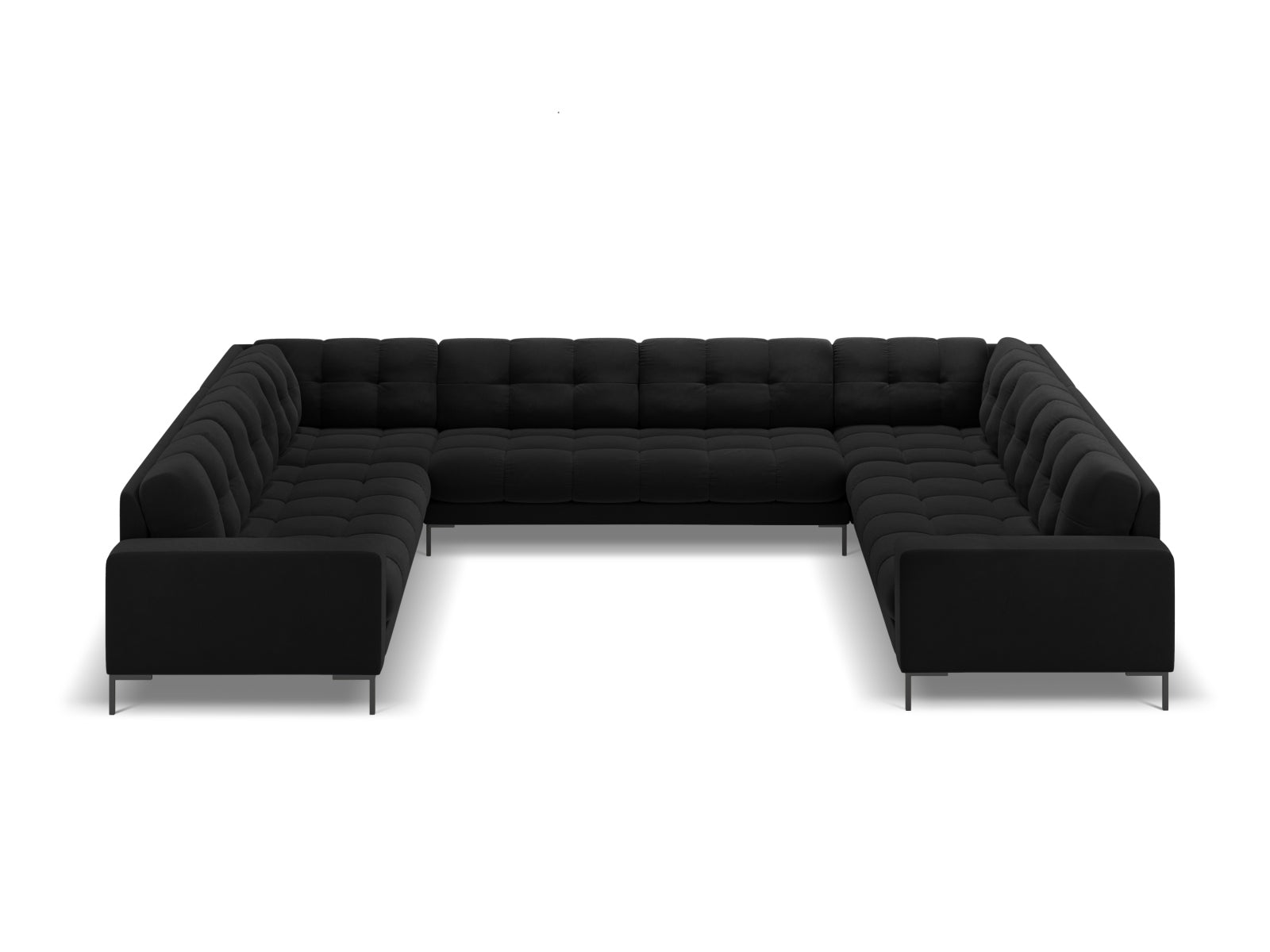 Elegantes Mamaia Velour Panoramic Sofa für 9 Personen in stilvollem Schwarz, ideal für moderne Wohnräume und gemütliche Abende.