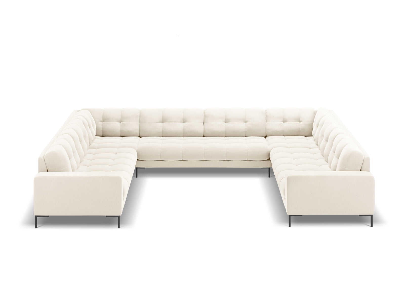 Elegantes Mamaia Velour Panoramic Sofa für 9 Personen in sanften Beige- und Schwarz-Tönen, ideal für stilvolle Wohnräume.