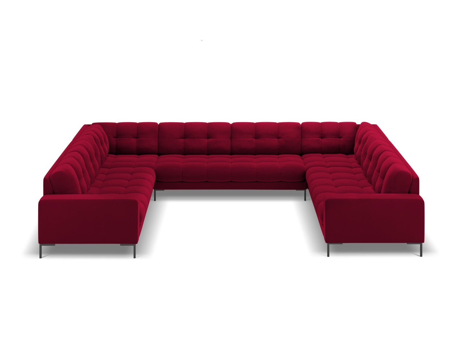 Elegantes Mamaia Velour Panoramic Sofa für 9 Personen in Rot und Schwarz, ideal für stilvolle Wohnräume. Hochwertige Verarbeitung von Micadoni.