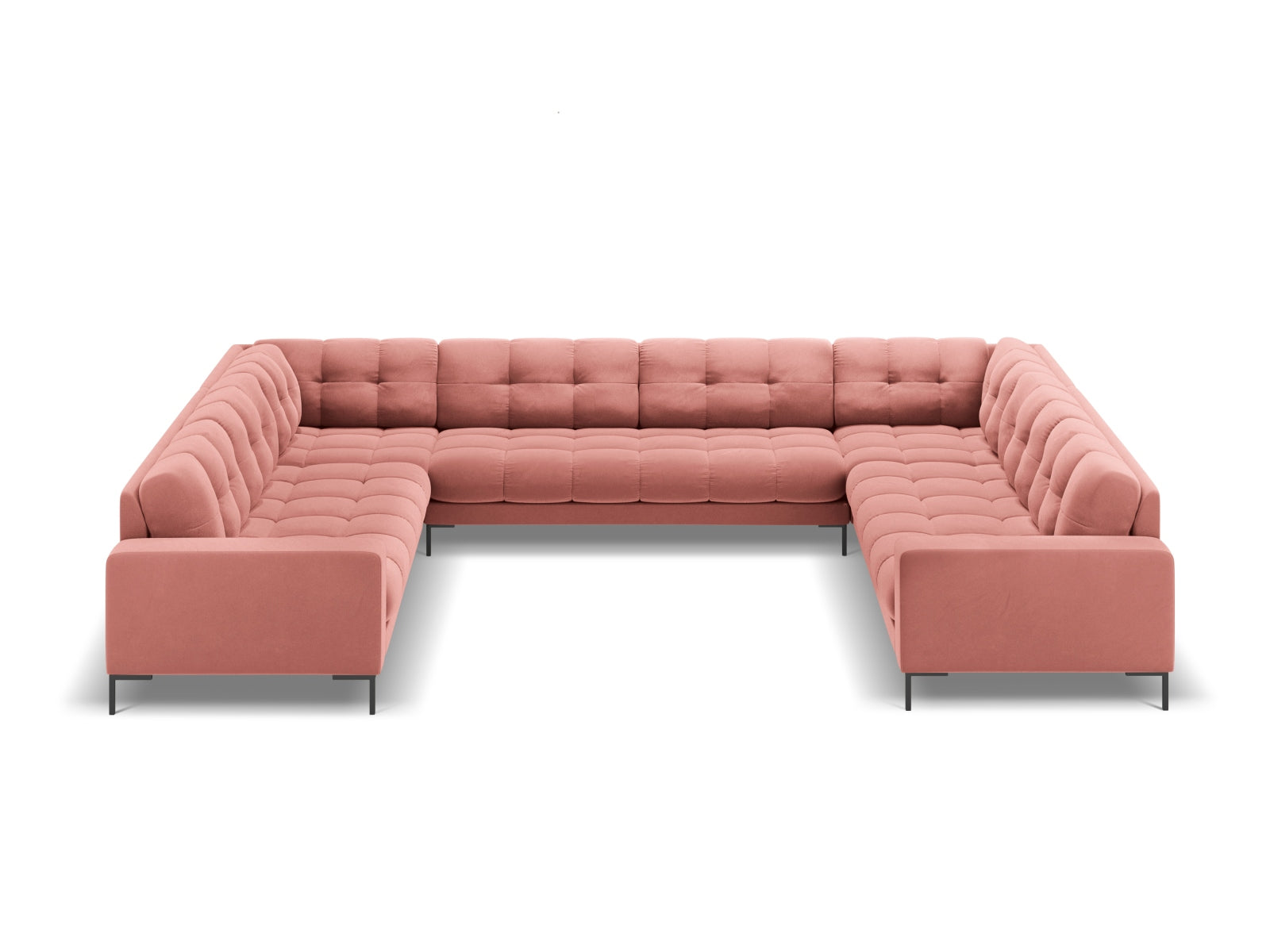 Elegantes Mamaia Velour Panoramic Sofa für 9 Personen in stilvollem Pink und Schwarz, ideal für moderne Wohnräume.
