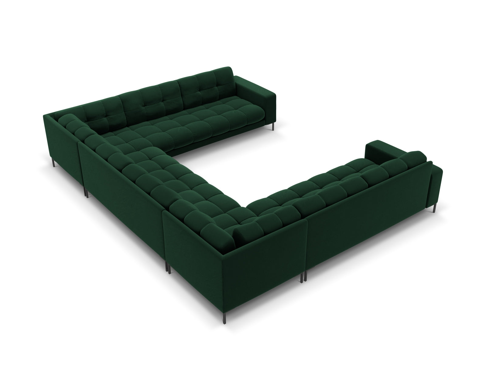 Luxuriöses Mamaia Velour Panoramic Sofa für 9 Personen in tiefem Flaschengrün, perfekt für moderne und elegante Wohnumgebungen.