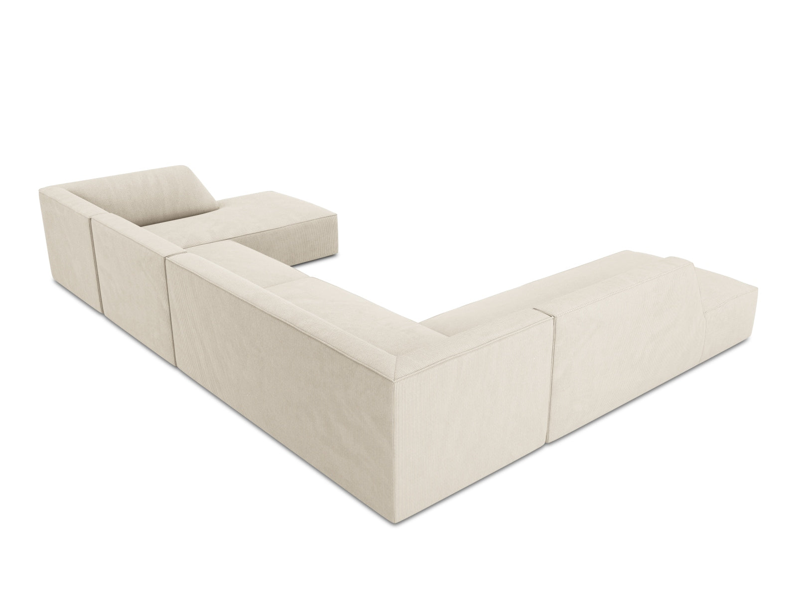 Modernes Ruby Panoramic Ecksofa links in sanften Beigetönen, ideal für entspannte Stunden. 7-Sitzer von Micadoni für einladende Wohnräume.