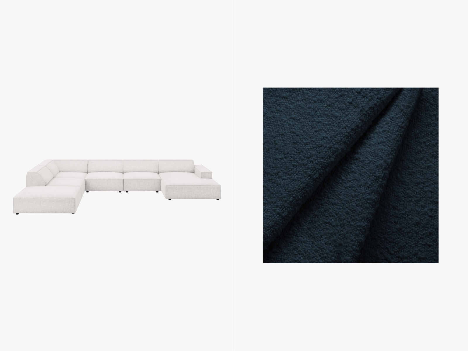 Stilvolles, modulares 7-Sitzer Ecksofa Jodie Boucle links, ideal für gemütliche Zusammenkünfte und zeitgemäße Einrichtung.