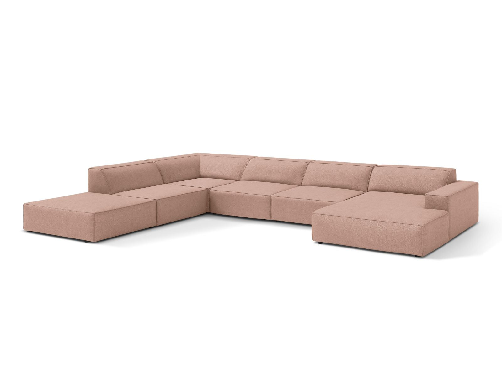 Elegantes, modulares 7-Sitzer Ecksofa Jodie Boucle in sanftem Powder Pink, ideal für stilvolle Wohnräume.