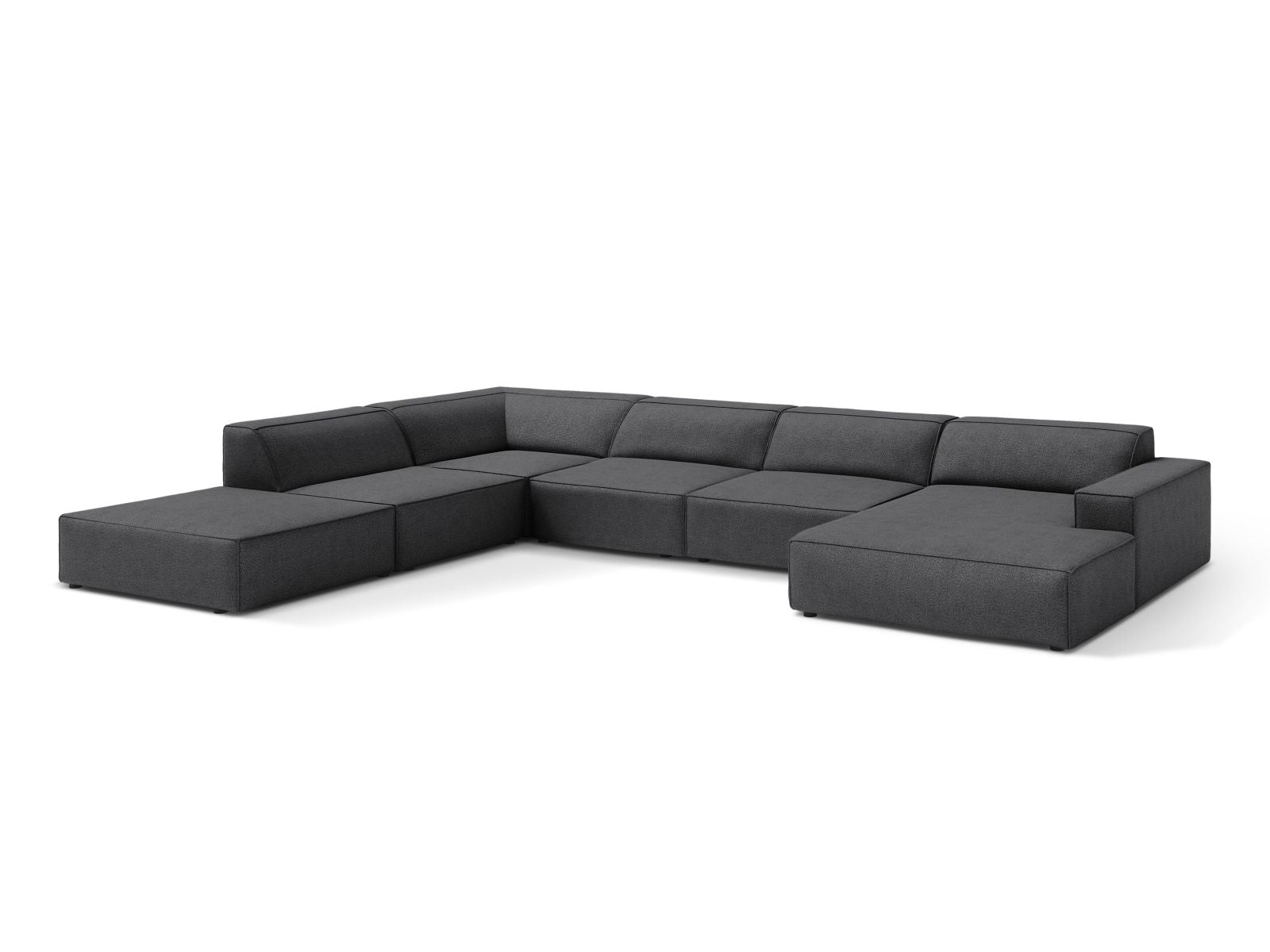 Elegantes, modulares 7-Sitzer Ecksofa Jodie Boucle in Dunkelgrau, ideal für stilvolle Wohnräume, präsentiert von Micadoni.