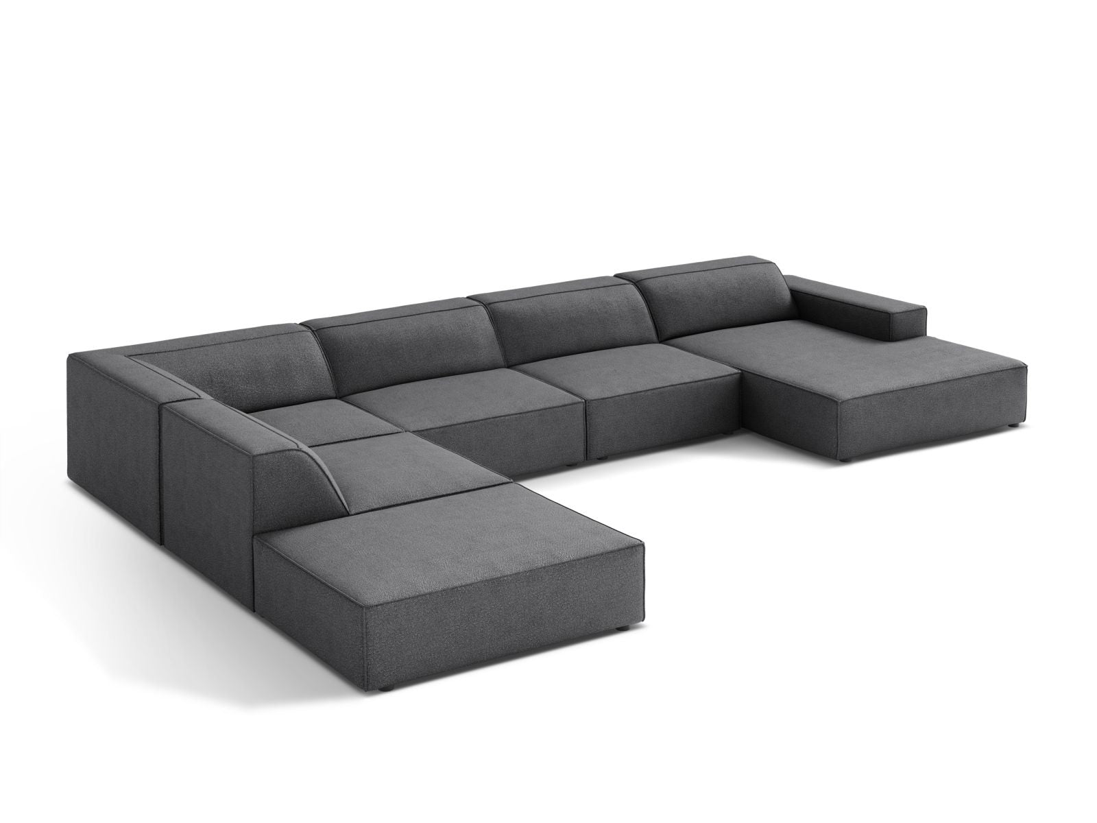 Elegantes, modulares 7-Sitzer Ecksofa Jodie Boucle in Dunkelgrau, ideal für stilvolle Wohnräume und entspannte Stunden von Micadoni.